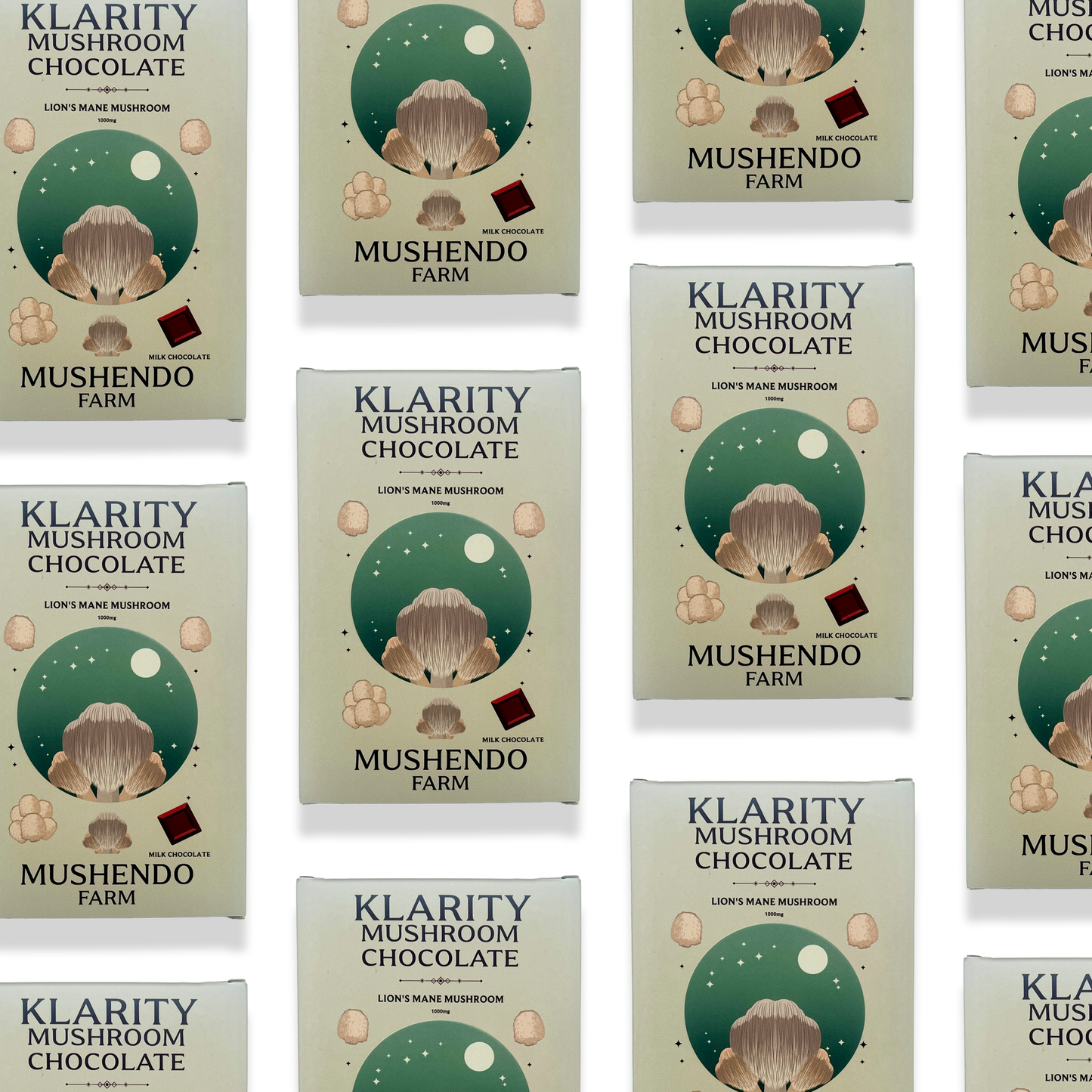 Klarity Mushroom Chocolate - Lion's Mane - Focus, Memory, Mood, Immune & Digestive System - Functional Mushroom & Adaptogen - Nutrition Bar | Mushendo Farm