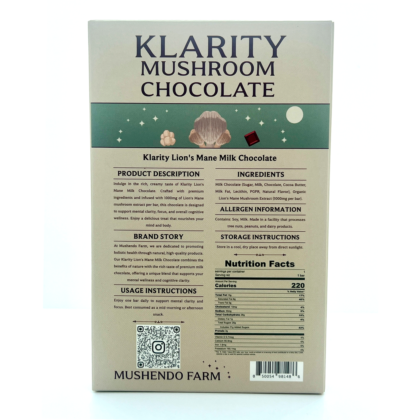 Klarity Mushroom Chocolate - Lion's Mane - Focus, Memory, Mood, Immune & Digestive System - Functional Mushroom & Adaptogen - Nutrition Bar | Mushendo Farm