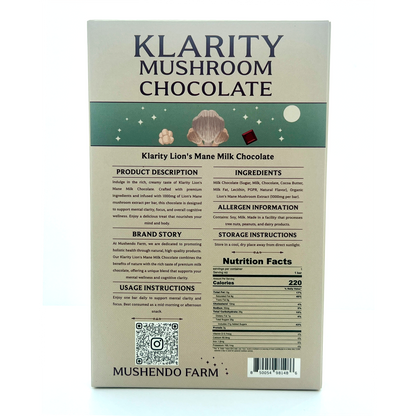 Klarity Mushroom Chocolate - Lion's Mane - Focus, Memory, Mood, Immune & Digestive System - Functional Mushroom & Adaptogen - Nutrition Bar | Mushendo Farm